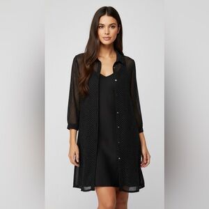 Black Mesh Overlay Tunic Dress Studded Rhinestone Button-Up Dress.